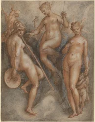Tre gudinnor: Minerva, Juno och Venus, ca 1587 (penna och brunt bläck och svart och röd krita förhöjd med vitt på papper)
