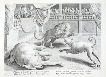 Alexander den store sätter upp ett skådespel, ett lejon, en hund och en elefant kamp, illustration från 