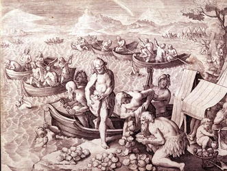 Ostronfiske. 1600-talet. Gravyr av Giovanni Stradano (Jan Van Der Straet) (Johannes Stradanus) (1523-1605).