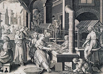 Vermis sericus, kvinnor som spinner silke och eldar silkesmaskar, gravyr av Stradanus (1523-1605), Italien