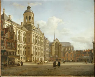 Dam Street och det nya stadshuset i Amsterdam, Nederländerna ...