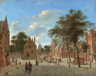 Vy över ett torg med en procession under Corpus Christi-festen och figurer som knäböjer inför hostian, ca 1637-1712 (olja på duk)