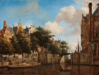 Amsterdam City View med hus på Herengracht och den gamla Haarlemmersluis Nieuwe Zijds Voorburgwal med Oude Haarlemmersluis, Amsterdam (med topografiska friheter)