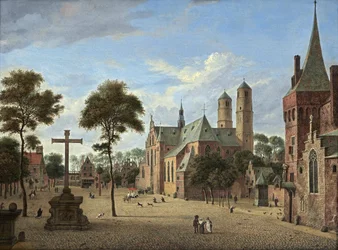Vy över Köln med tornen på St. Pantaleon och en imaginär version av långhuset i Martinikerk i Emmerik