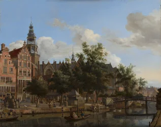 Vy över Oudezijds Voorburgwal med Oude Kerk i Amsterdam