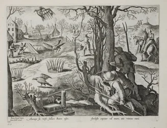 Fågelfångare som använder fällor som betas av råttor för att fånga hökar, skylt 64, illustration från 