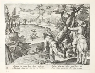 Fowlers som fångar kråkor, illustration från "Venationes, Ferarum, Avium, Piscium" (av jakt: vilda djur, fåglar, fiskar), graverad av Jan Collaert (1566-1628), pub. av Phillipus Gallaeus, Amsterdam (eng