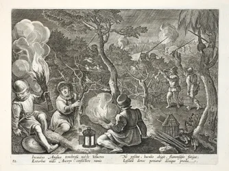 Fowlers som fångar fåglar på natten, illustration från "Venationes, Ferarum, Avium, Piscium" (av jakt: vilda djur, fåglar, fiskar), graverad av Jan Collaert (1566-1628), pub. av Phillipus Gallaeus, Amste