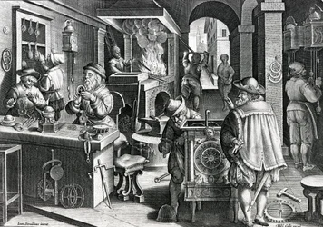Horologia Ferrea, plansch 5 ur ”Nova Reperta”, graverad av Philip Galle, ca 1580-1605
