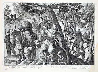 Jägare använder spjut eller gevär laddade med bly för att jaga bergssvin, illustration från 