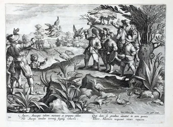 Jägare som använder falkar för att jaga gäss, illustration från "Venationes, Ferarum, Avium, Piscium" (av jakt: vilda djur, fåglar, fiskar), graverad av Jan Collaert (1566-1628), pub. av Phillipus Gallaeus, A