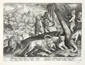 Indianer skjuter lejon med pilar, som har fångat apor i munnen, illustration från 