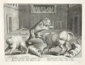 Adelsmän tittar på strid med vilda djur i en inomhuscirkus, illustration från 