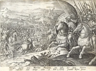 Slaget vid Labadia si Sena och S:t Abonda, tavla 3 från "The History of the Medici", graverad av Philip Galle (1537-1612), ca 1583