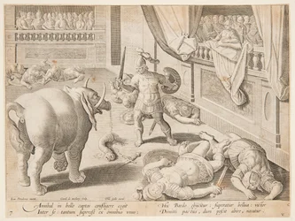 En romersk soldat som slåss mot en av Hannibals elefanter, pl. 7 i serien Game, Birds and Fish