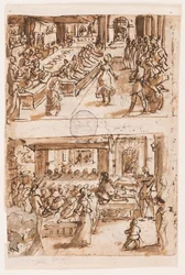 Dans av Salome; Verso, ovan: Daniels tolkning av kung Nebukadnessars andra dröm, preliminär design för "Spiritus Consilii" (Rådets ande), plåt 3 i tryckserien "Den Helige Andes sju gåvor"; Verso, nedan: Två ovaler, o