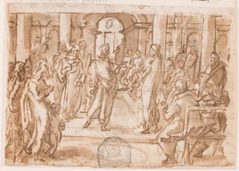 Peter och John Tillfrågade av Höga rådet, preliminär design för "Spiritus Scientiae" (Vetenskapens ande), plåt 5 i tryckserien "Seven Gifts of the Holy Spirit"