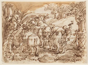 Recto: Elephants Hunted by Troglodytes [Cavemen]; Verso: inskription som hänför sig till Plinius den äldres naturhistoria, bok 8, kap. 8