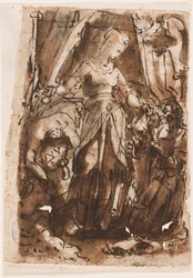 Recto: Judith med huvudet av Holofernes; Verso, vänster: Judith med Holofernes huvud; Verso, höger: preliminär design för titelsidan för tryckt serie av De sju dygderna