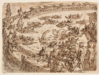 Recto: Valjakt av kejsar Claudius i hamnen i Ostia; Verso: inskription som hänför sig till Plinius den äldres naturhistoria, bok 9, kap. 5