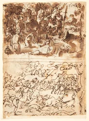 Recto, ovan: Diana och Actaeon; Recto, nedan: Galtjakt; Verso, ovan: studier av två manliga huvuden; Verso, nedan: Annas och Joachims möte vid Gyllene porten, Kristusbarnets omskärelse