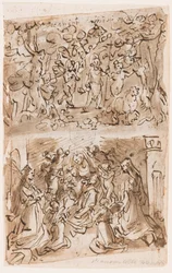 Recto, ovan: Unga St. Johannes Döparen guidad av änglar i öknen; Recto, nedan: Sacra Conversazione med Sts. Barbara och Catherine; Verso, ovan: Cruxifiction; Verso, nedan: Kristus helar förlamade nära Bethesda-dammen
