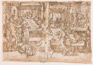 Recto, höger: Halshuggning av Johannes Döparen, Recto, vänster: Salome fick huvudet av Johannes Döparen av bödeln, design för pl.10 i Johannes Döparens liv. Verso: The Body of Alfonso Piccolomini (1551 - 1591), Sienese Outlaw Hung i