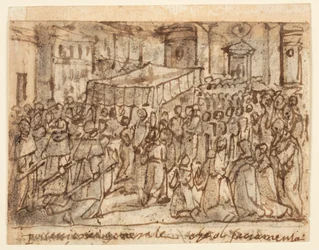 Skissboksida med procession med värden och påvlig mässa