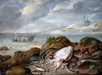 Ett landskap med fisk på en sanddyn i en flodmynning (olja på koppar)