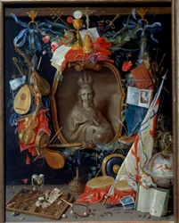 Jungfru omgiven av vanitesymboler. Målning av Jan I Kessel Den gamle (1626 - 1679)