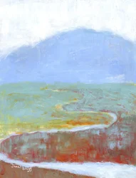 Mountainscape with Slough and Wildflowers for Annabelle, ca 2021 (kasein och akvarell på papper)