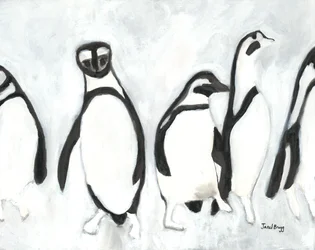 Penguins at Woodland Park Zoo, ca 2021 (sumi-tusch och gesso på papper)