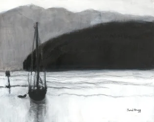Sailboat in Anacortes Harbor, ca 2021 (kol, bläck och gesso på papper)