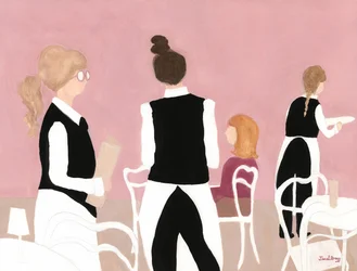 Servitriser från Cafe Sabarsky i rosa och beige, ca 2024 (vattenteknik på papper)