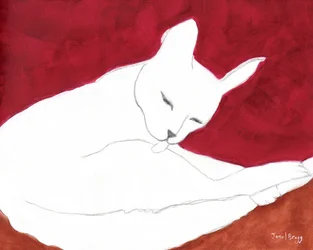 White Cat with Russet and Rose, ca 2024 (blyerts, akvarell och kasein på papper)