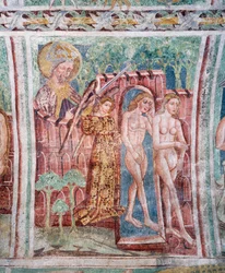 Hrastovlje befästa kyrka, Trefaldighetskyrkan, Adam och Eva fördrivna från paradiset (1490), detalj från fresker av Janez Iz Kastva, Slovenien