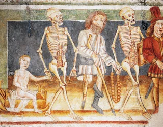 Hrastovlje befästa kyrka, Trefaldighetskyrkan, Döden som åtföljer barn och fattiga, Dödsdansen (1490), detalj från fresker av Janez Iz Kastva (1490), Slovenien