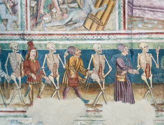 Hrastovlje befästa kyrka, Trefaldighetskyrkan, Döden som åtföljer köpman och rik bankir, Dödsdansen (1490), detalj från fresker av Janez Iz Kastva, Slovenien