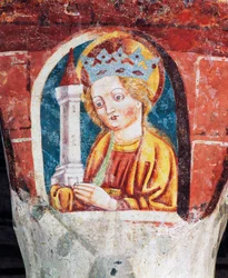 Hrastovlje befästa kyrka, Trinity Church, Santa Barbara, detalj från fresker av Janez Iz Kastva (1490), Slovenien
