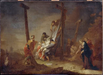 Nedstigningen från korset. Längst ner på korset, symboler för Jesu Kristi lidande: spikar, törnekrona och inskriptionen INRI (I.N.R.I). Målning av Johann Rosso Januarius Zick (1730-1797), olja på duk. tysk konst