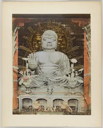 Daibutsu eller bronsbild, Nara, Japan (handfärgat svartvitt foto)