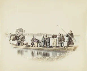 Ferryboat, Japan (handfärgat svartvitt foto)