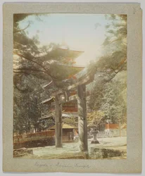 Pagoda i Tōshō-gū, Nikko, Japan (handfärgat svartvitt foto)