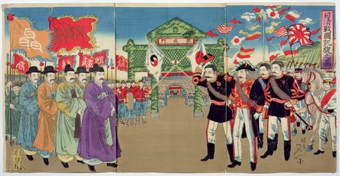 Ett möte mellan japanska officerare och koreanska tjänstemän, en episod från det kinesisk-japanska kriget, sent 1800-tal (träblock i färg)