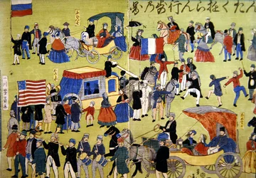 Amerikanska, holländska och franska besökare anländer till Yokohama i Japan, ca 1860 (träsnitt i färg)