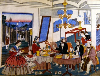 Amerikansk eller europeisk familj i Japan, ca 1860 (träsnitt i färg)