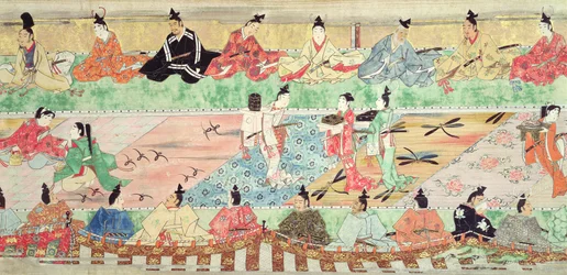 Bankettscen från en målad handscroll av Sagan om Muramatsu, tidigt 1600-tal (penna & bläck, wc, gouache, silver & guld på papper)