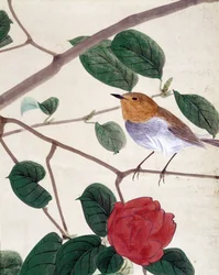 Fågel och blommor. Japansk teckning av Riou Chim, sent 1800-tal.