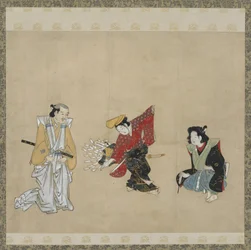 Pojke som utför en Narihira-dans, Edo-period (bläck, färg och guld på papper)