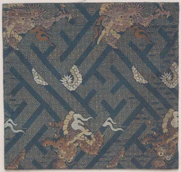 Buddhistiska Tempel Inredning Tyg, Ett Omslag Till En Sutra, Fragment